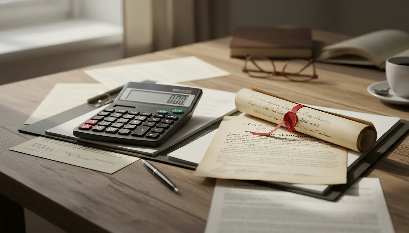 Dossier de succession ouvert sur une table avec une calculatrice et un acte notarié