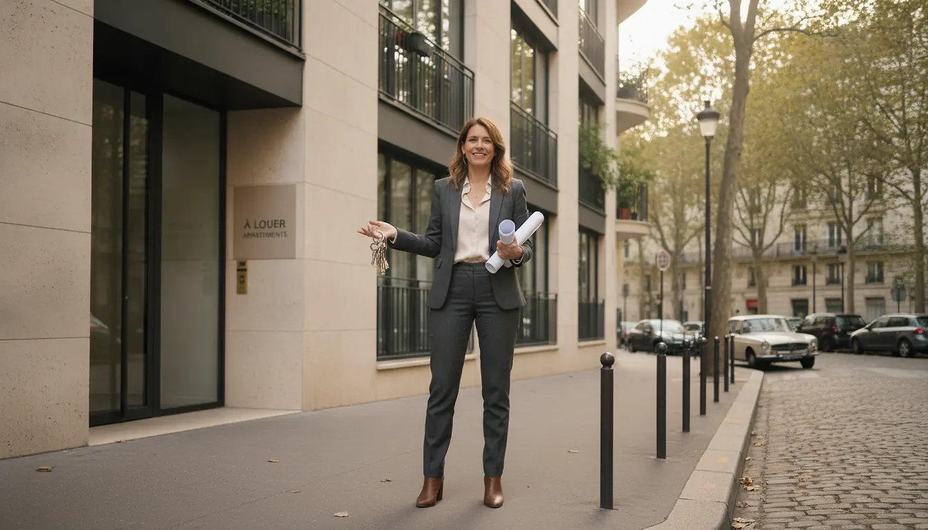 Investisseur immobilier devant un immeuble locatif moderne, documents et clés en main