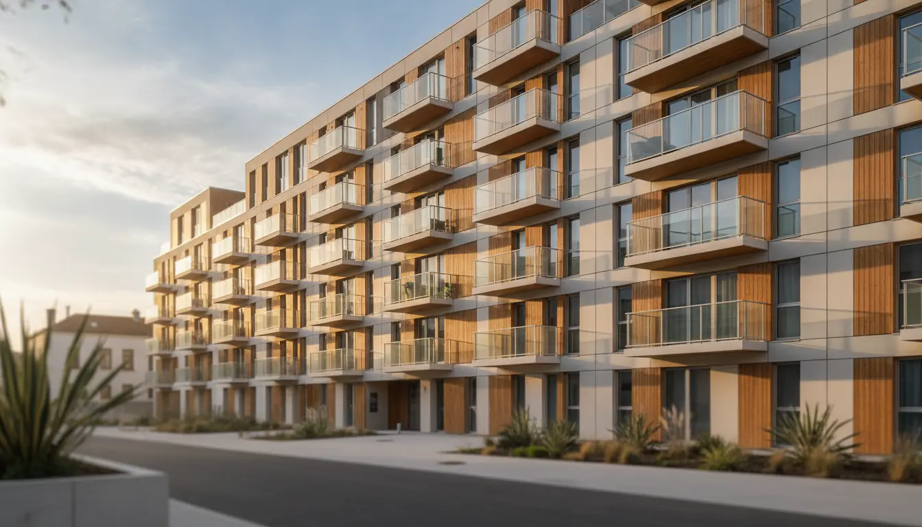 Façade contemporaine d'une résidence étudiante avec balcons et lumière naturelle chaleureuse