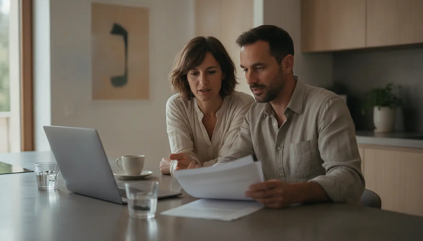 Couple consultant une simulation de prêt immobilier sur un ordinateur portable dans une cuisine lumineuse