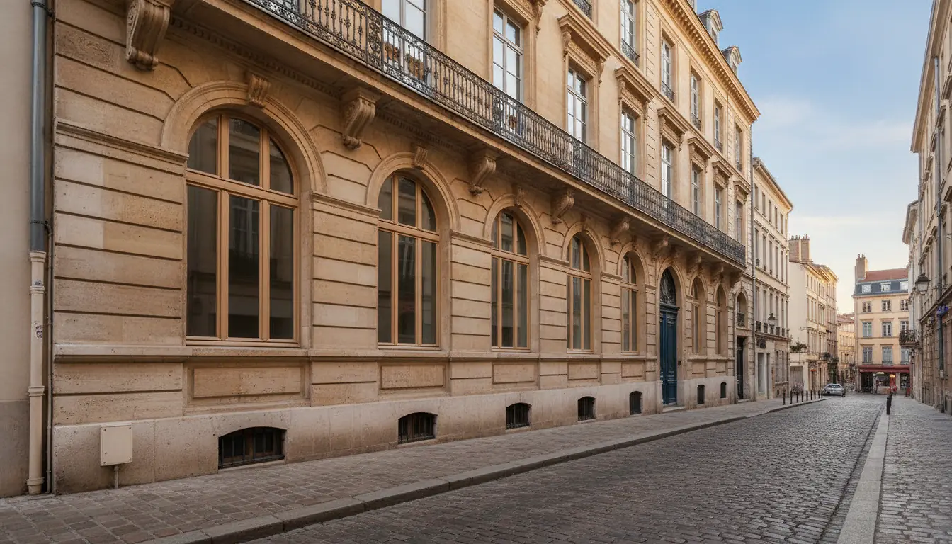 Façade d'un immeuble ancien lyonnais rénové, style haussmannien, à l'heure dorée