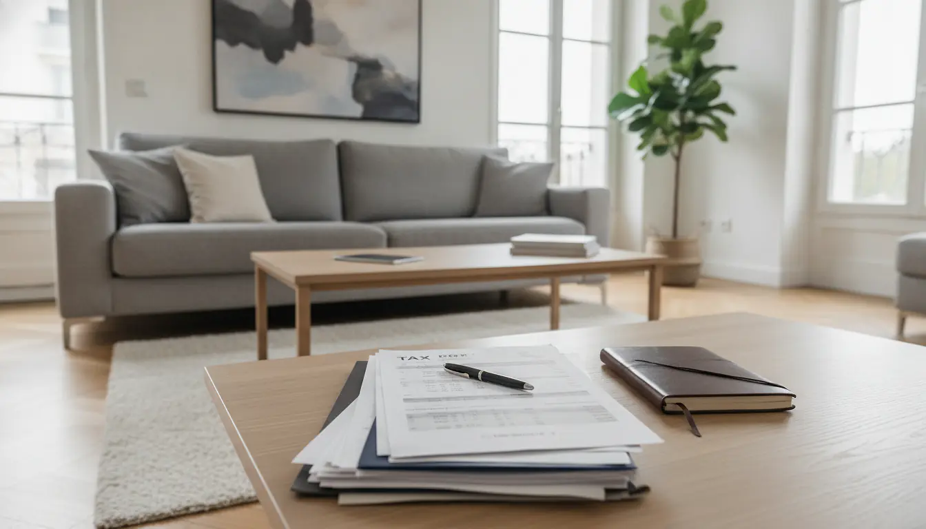 Appartement meublé moderne en location LMNP, salon lumineux avec documents fiscaux sur table basse