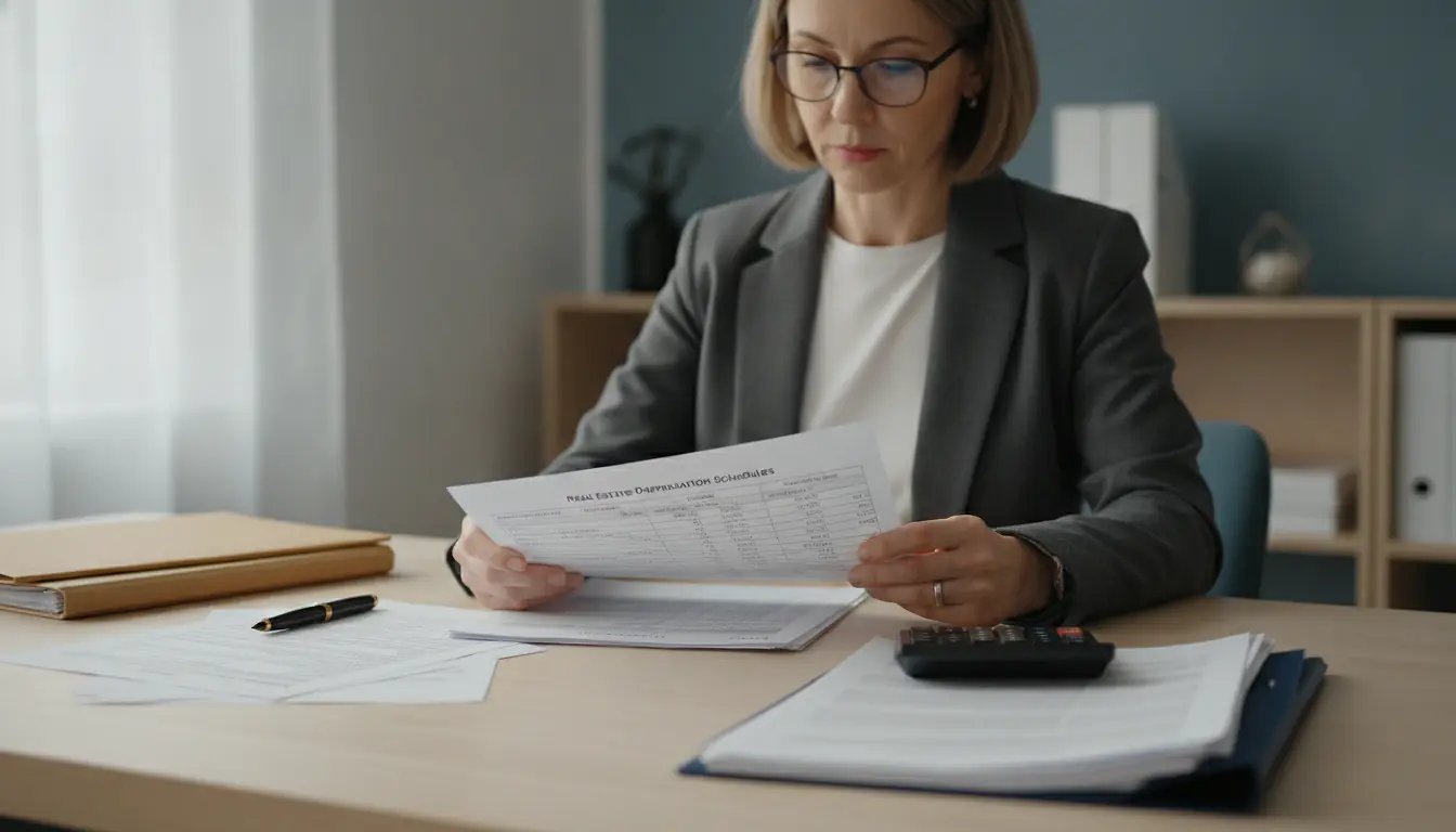 Propriétaire consultant un document fiscal LMNP avec tableau d'amortissements immobiliers