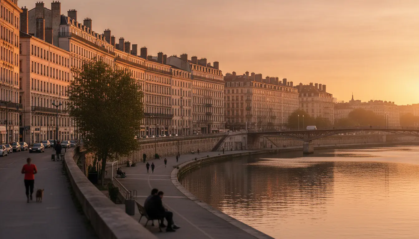 Vue urbaine de Lyon avec immeubles résidentiels en bord de Rhône