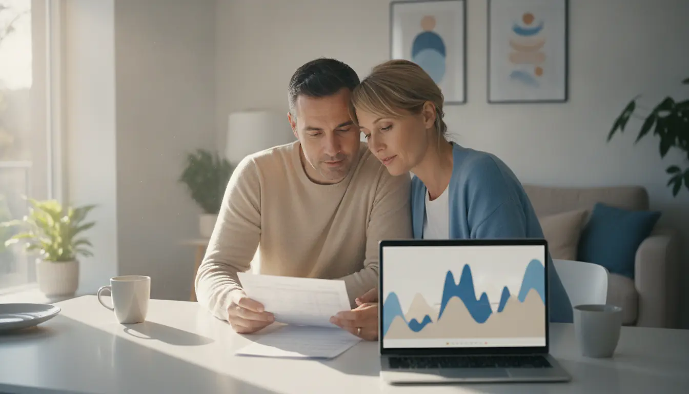 Couple d'épargnants consultant un relevé bancaire et un graphique d'épargne sur ordinateur portable à la table de la cuisine
