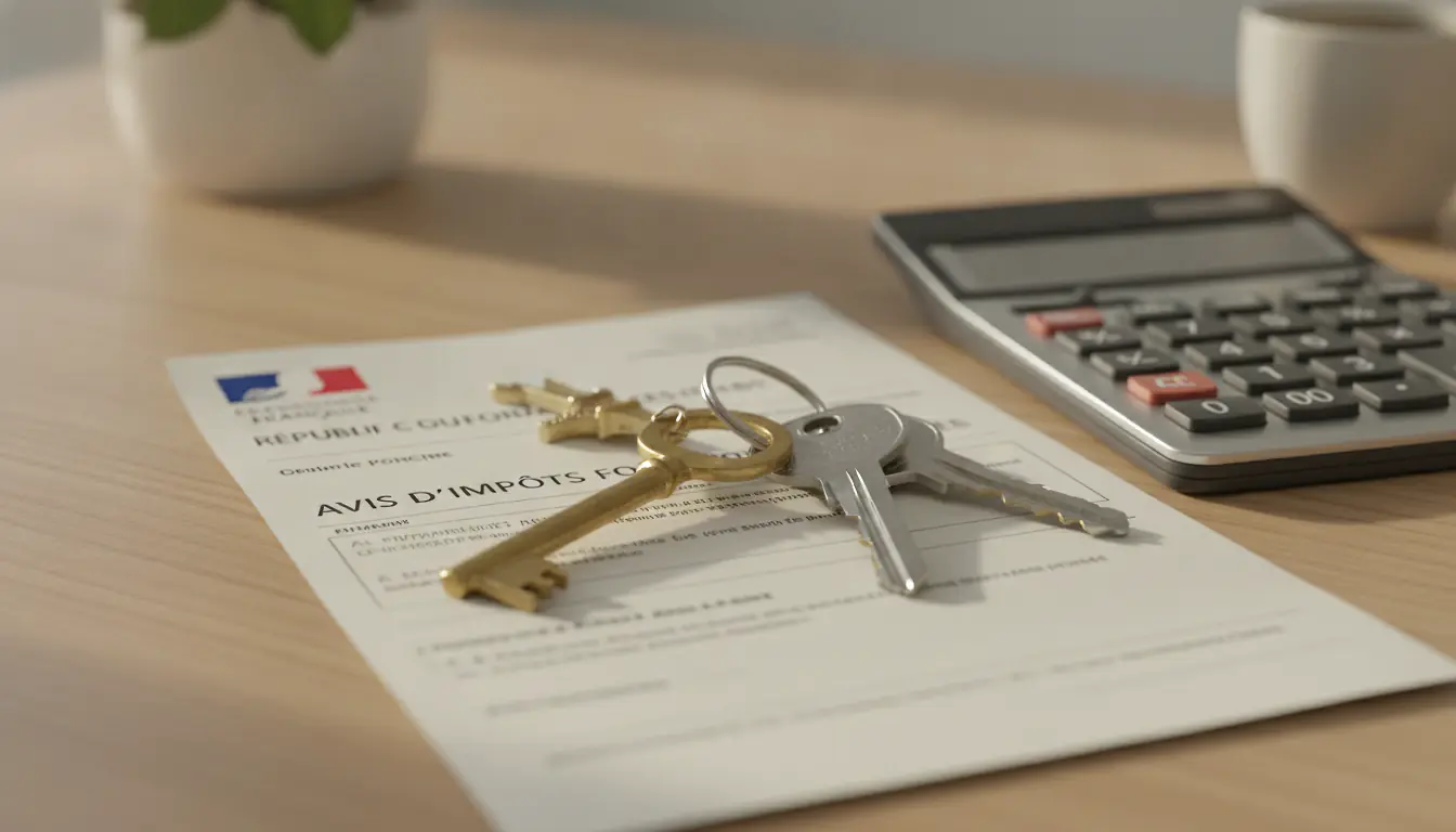 Clés de maison et document fiscal sur bureau en bois, concept de vente immobilière et exonération de plus-value