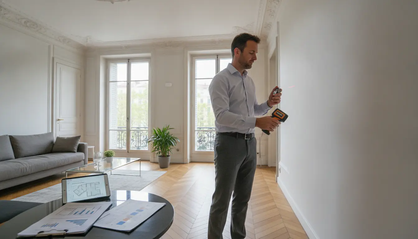 Diagnostiqueur immobilier avec matériel de mesure réalisant un DPE dans un appartement