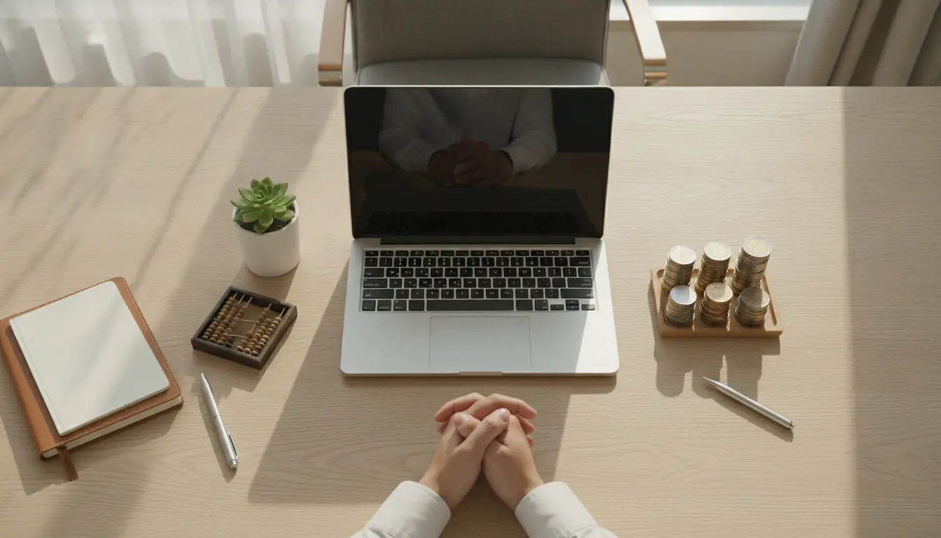 Bureau moderne avec graphiques financiers de rendement, pièces de monnaie et plante verte, photographie réaliste