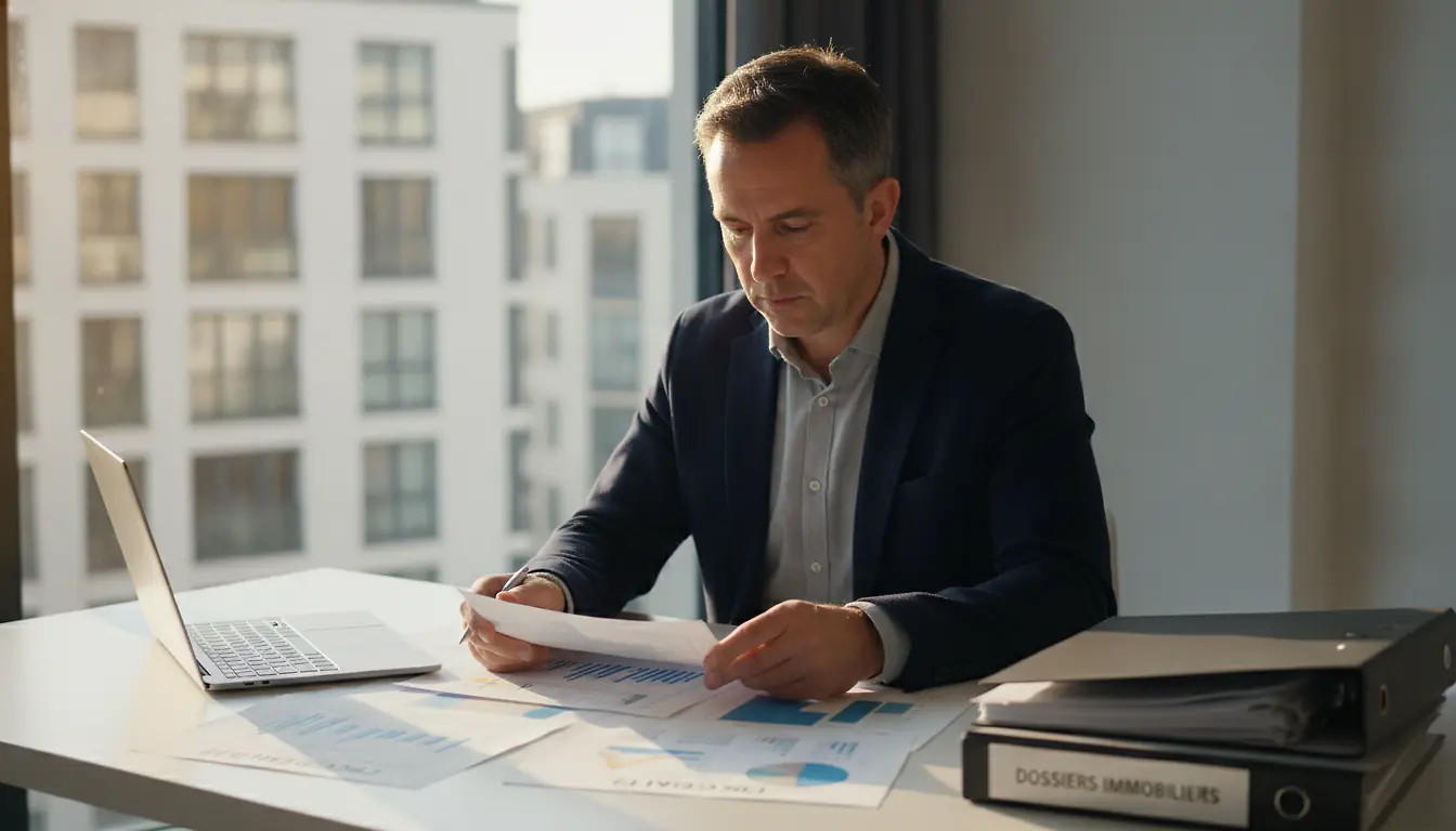 Propriétaire bailleur privé comparant des tableaux fiscaux et des documents immobiliers sur un bureau professionnel