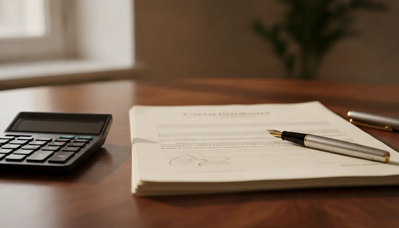 Contrat d'assurance-vie et calculatrice sur un bureau en bois, ambiance conseil patrimonial