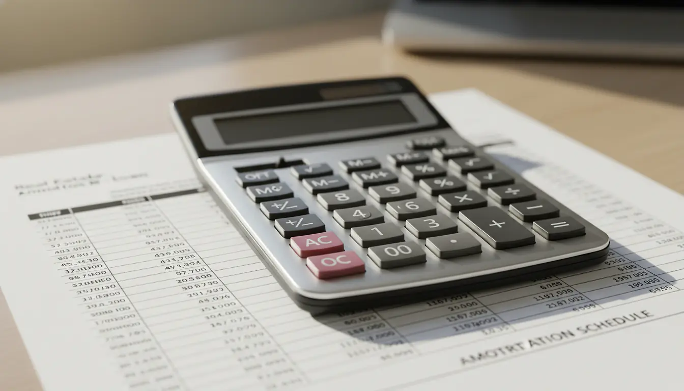 Calculatrice posée sur un plan de financement immobilier avec un échéancier de remboursement