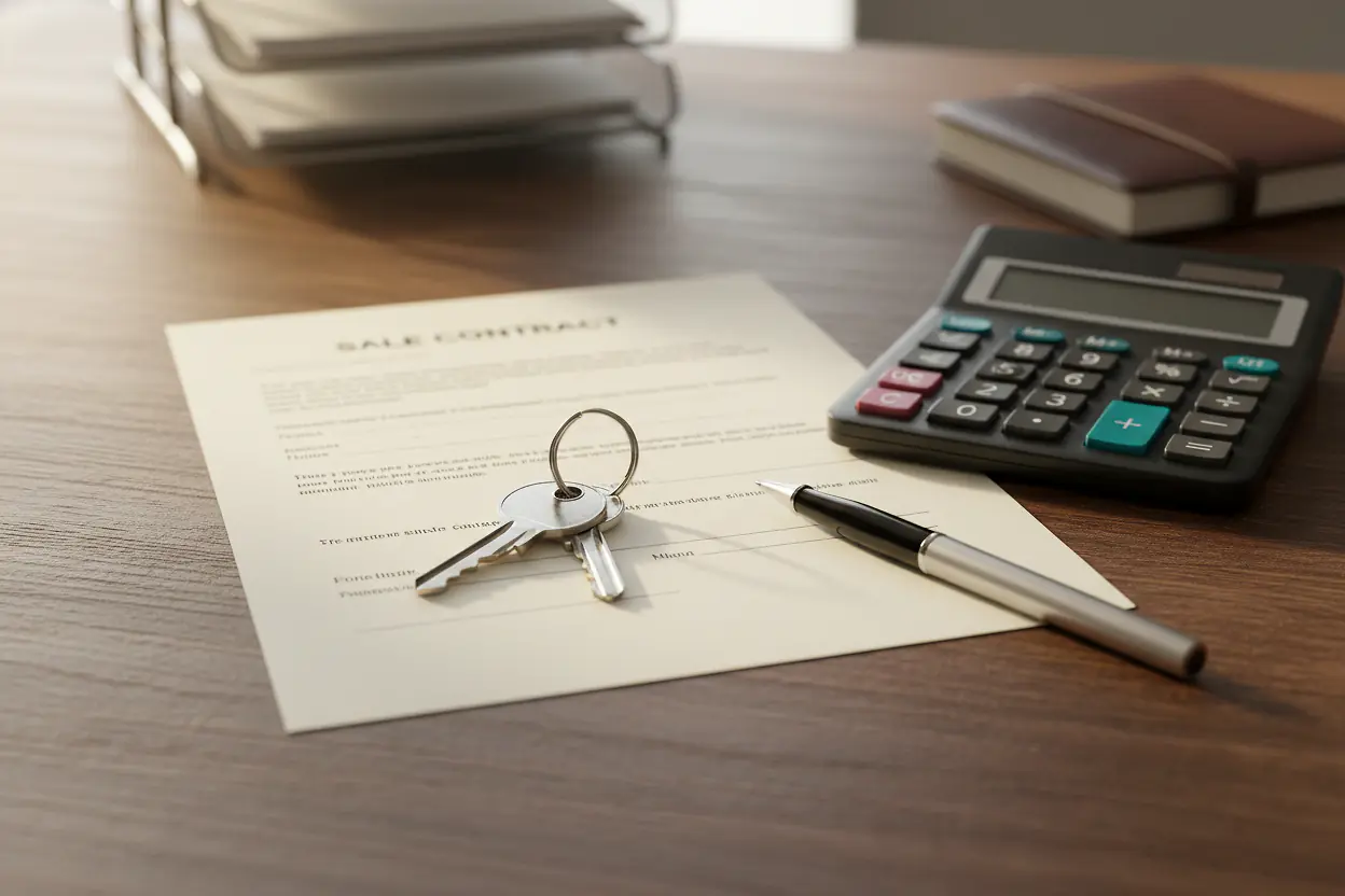 Clés de logement posées sur un acte de vente immobilier et une calculatrice