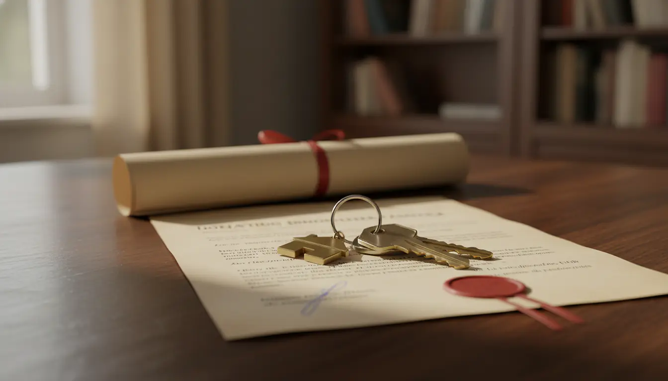 Clés de maison et acte notarié posés sur un bureau pour une donation immobilière en famille