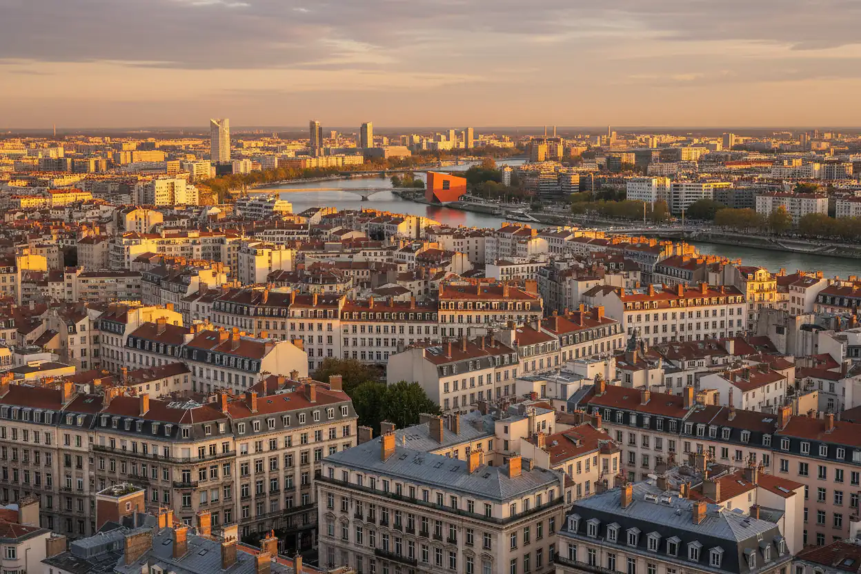 Immeubles haussmanniens et quartier de la Confluence à Lyon au lever du jour