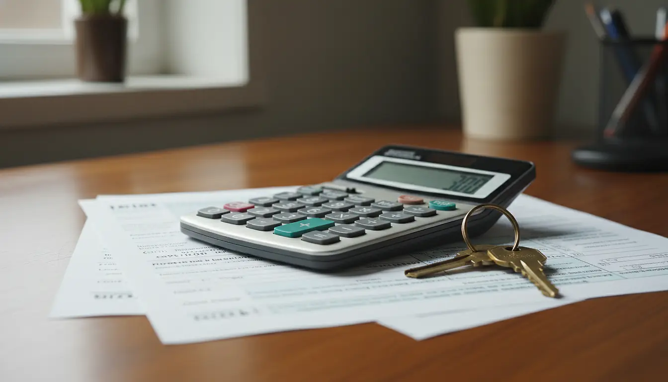 Bureau avec déclaration fiscale, calculatrice et clés d'appartement pour arbitrer le régime LMNP