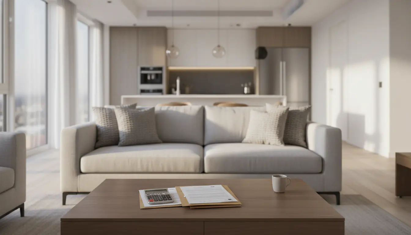 Salon meublé d'un appartement locatif avec dossier fiscal et calculatrice posés sur la table