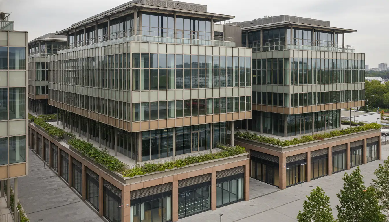 Immeuble de bureaux et commerces vu d'en bas avec un dossier de souscription SCPI posé au premier plan